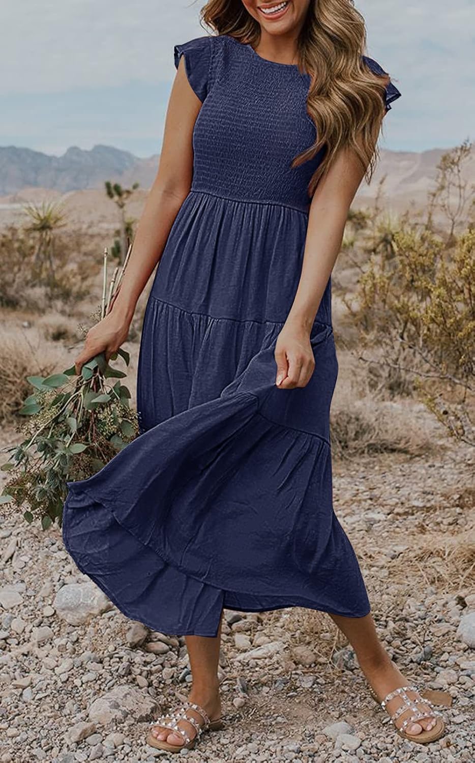 Louise Robe Midi Femme – Robe Été Smockée Manches Volantes Coupe A-Line Élégante