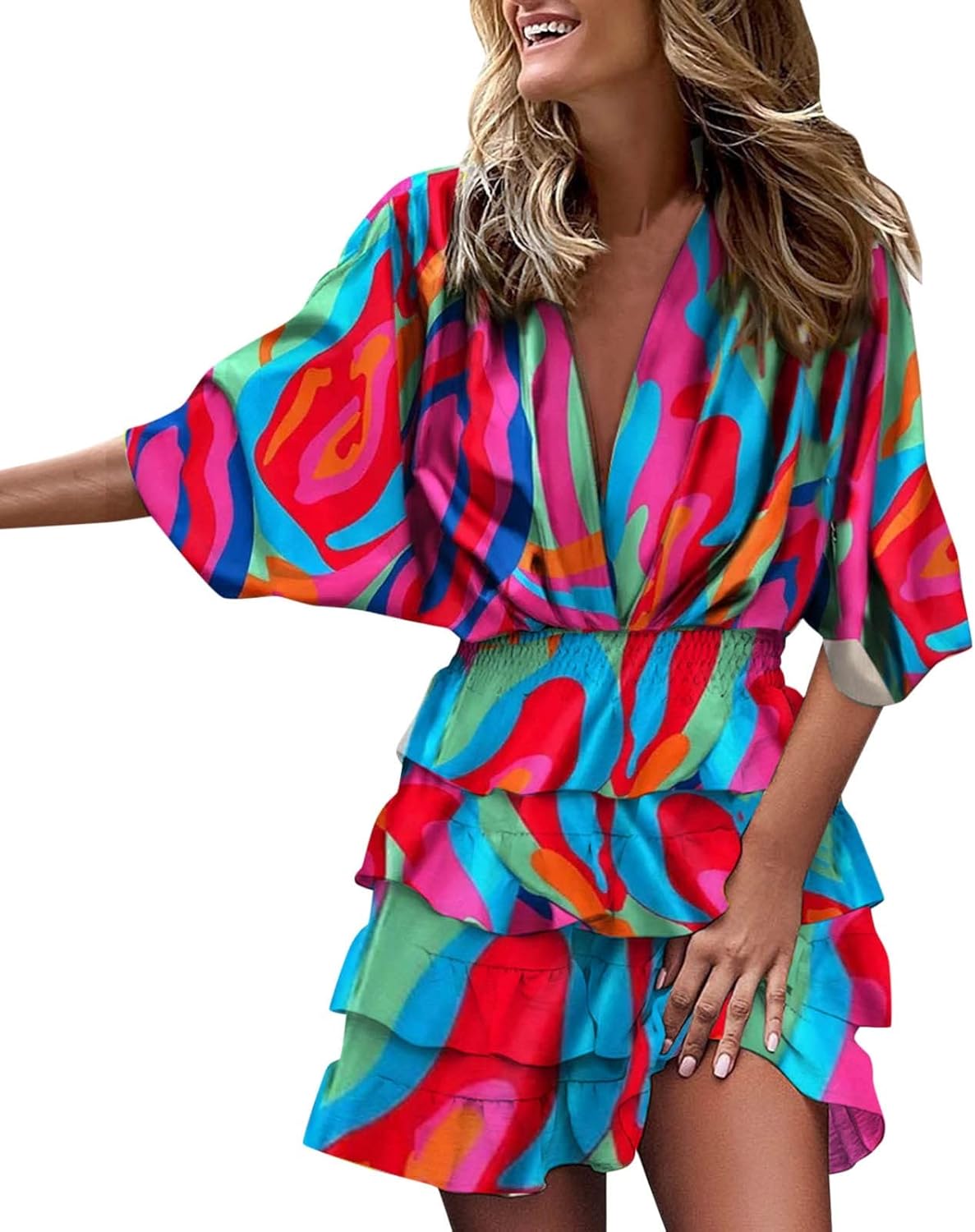 Amélia Robe Femme à Col V – Robe Fluide à Volants et Taille Haute