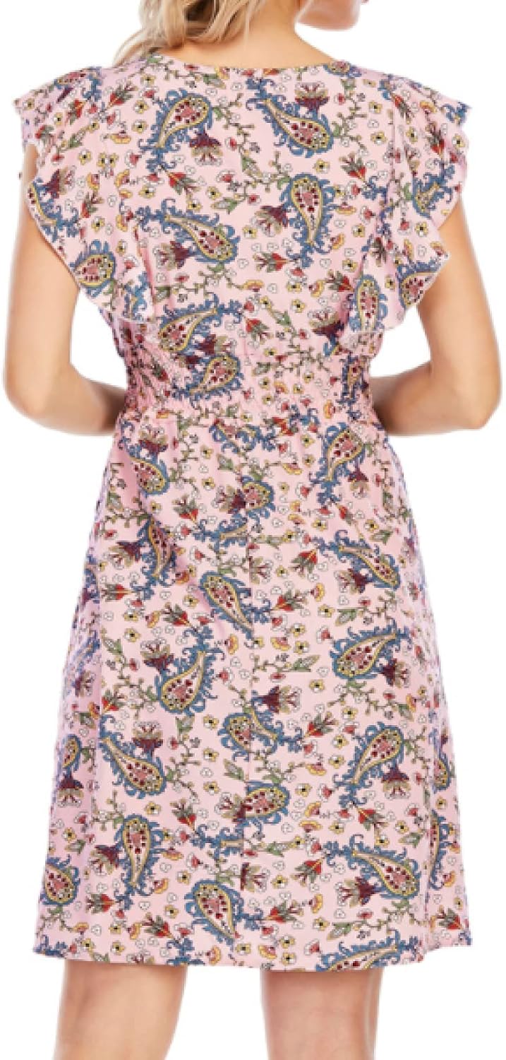 Celeste Robe Mini Femme – Mousseline Florale Col V Volants Rose