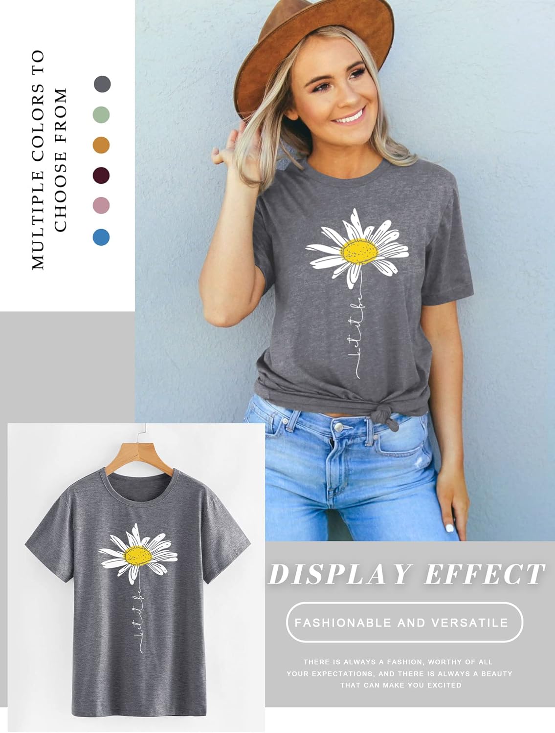 T-shirt Lily Γυναικείο Μαργαρίτα – Τύπωμα Τοπ “Let It Be”, Στρογγυλή Λαιμόκοψη, Κοντά Μανίκια Καλοκαίρι