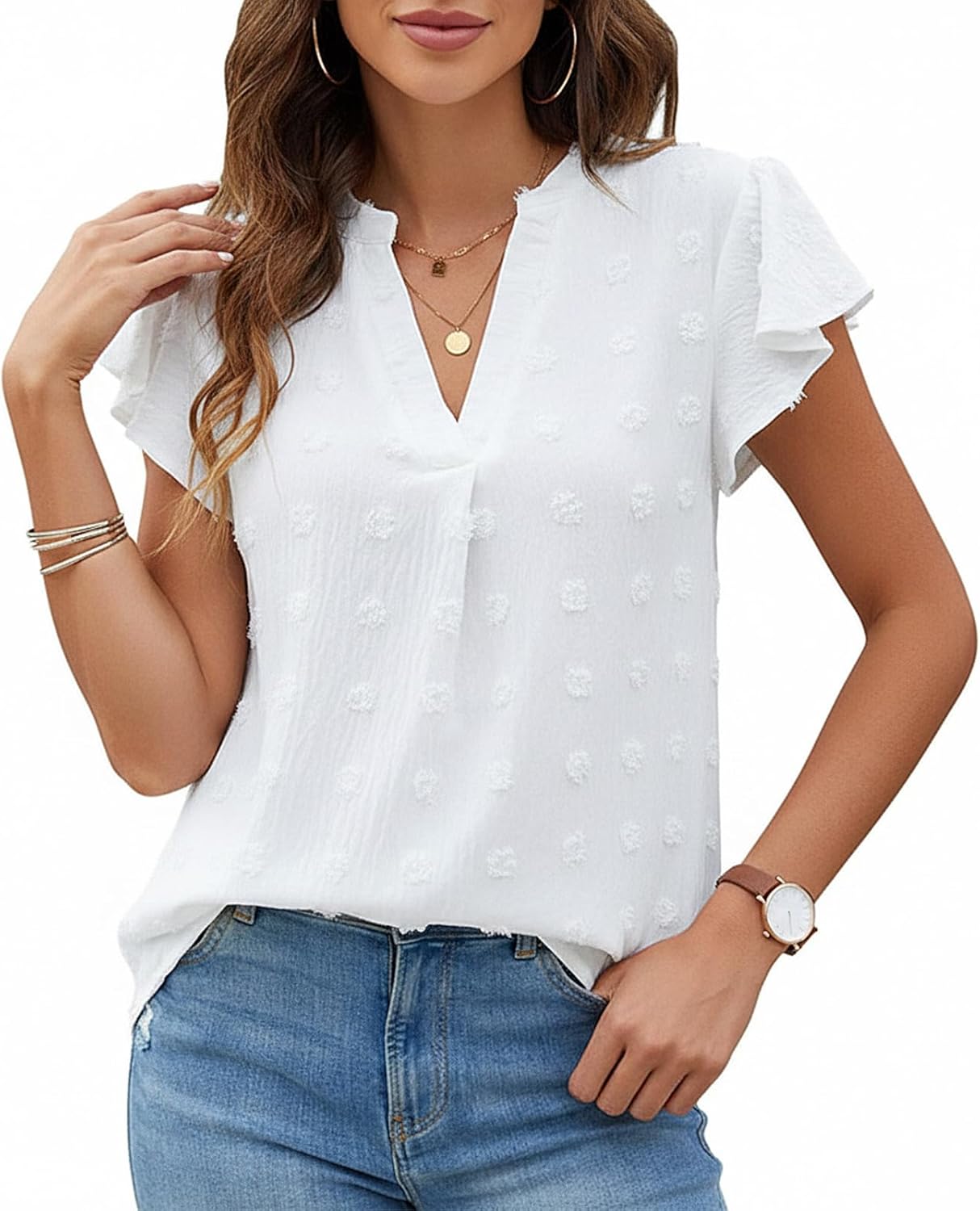Blusa Léa Mulher Bolinhas – Top com Decote em V e Mangas com Folhos em Chiffon Elegante Verão