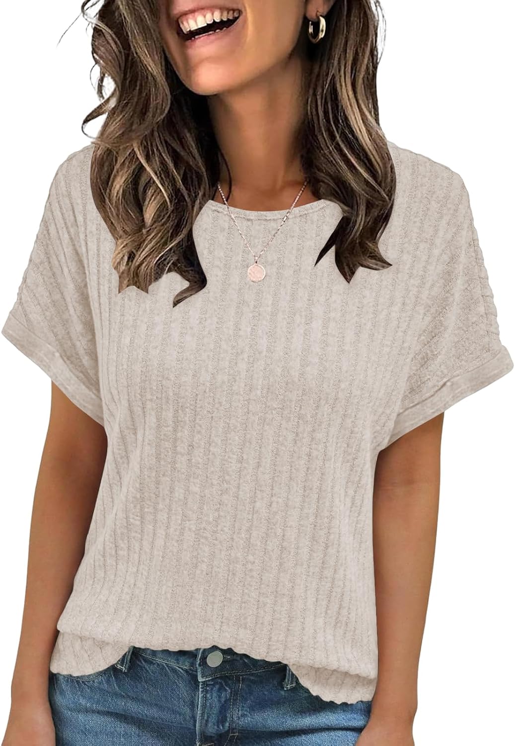 Gemma T-Shirt Femme Col Rond – Coupe Fluide Côtelée, Manches Courtes Été