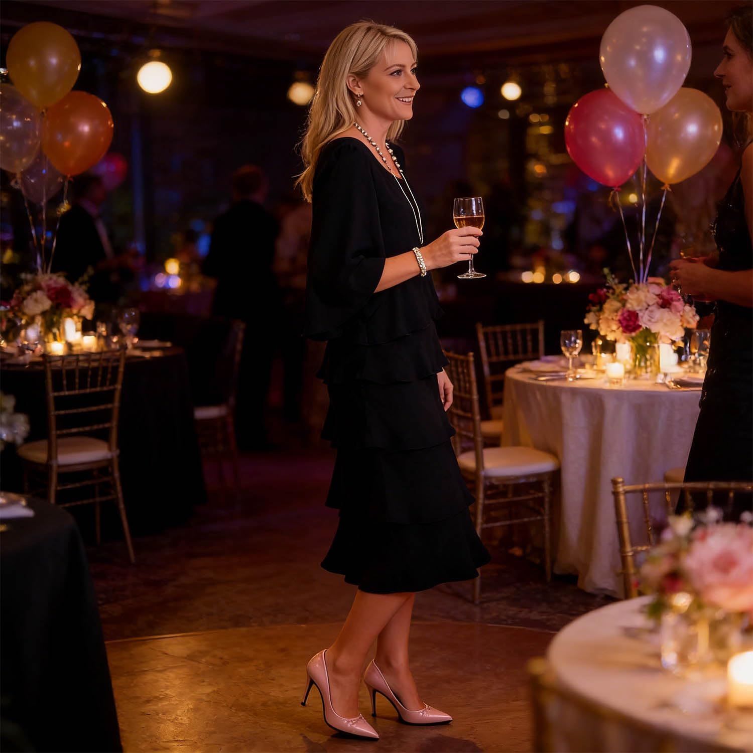 Camille Abito Donna – Abito Midi Volant Maniche Svasate Elegante Cocktail Matrimonio