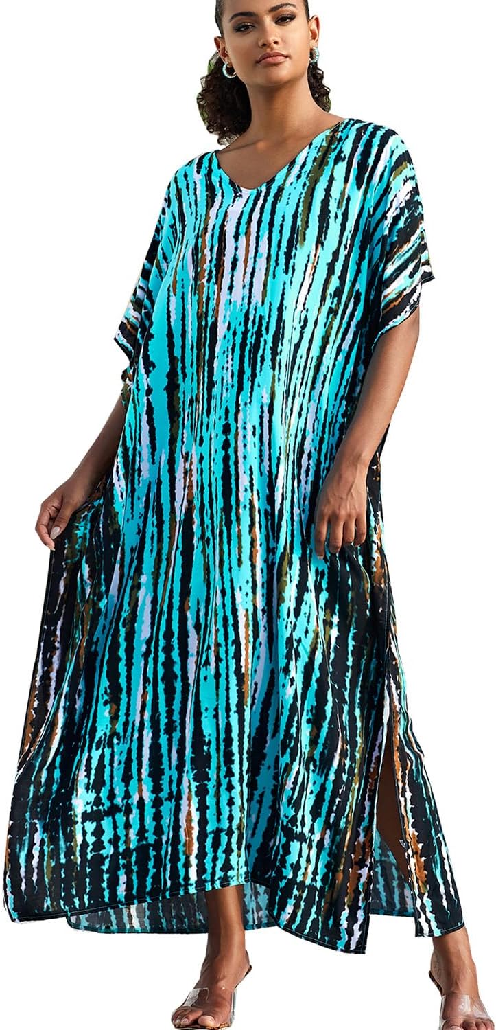 Isla Robe Femme – Caftan Maxi Bohème Col V Imprimé Fluide Plage Été