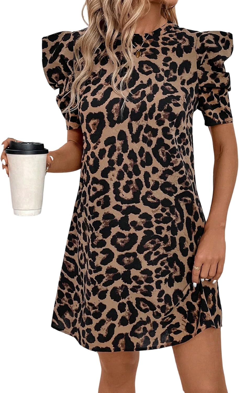 Nina Robe Mini Femme – Robe Léopard Manches Bouffantes Élégante Été Chic