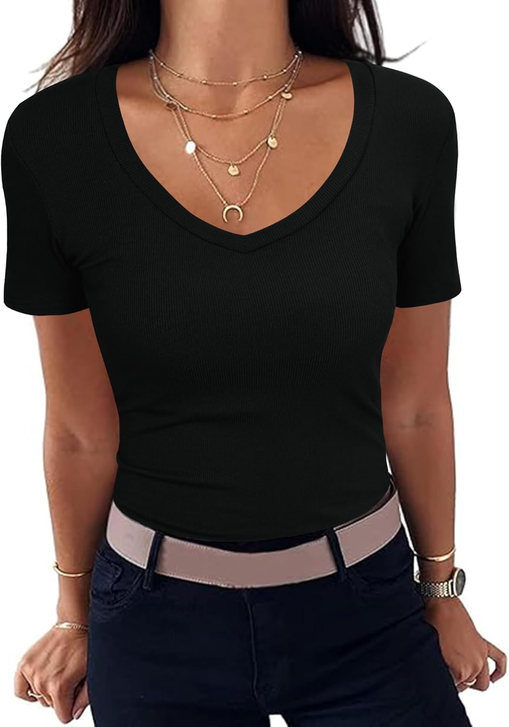 Sherry T-Shirt Femme Col V – Coupe Slim Côtelée Stretch, Manches Courtes Été