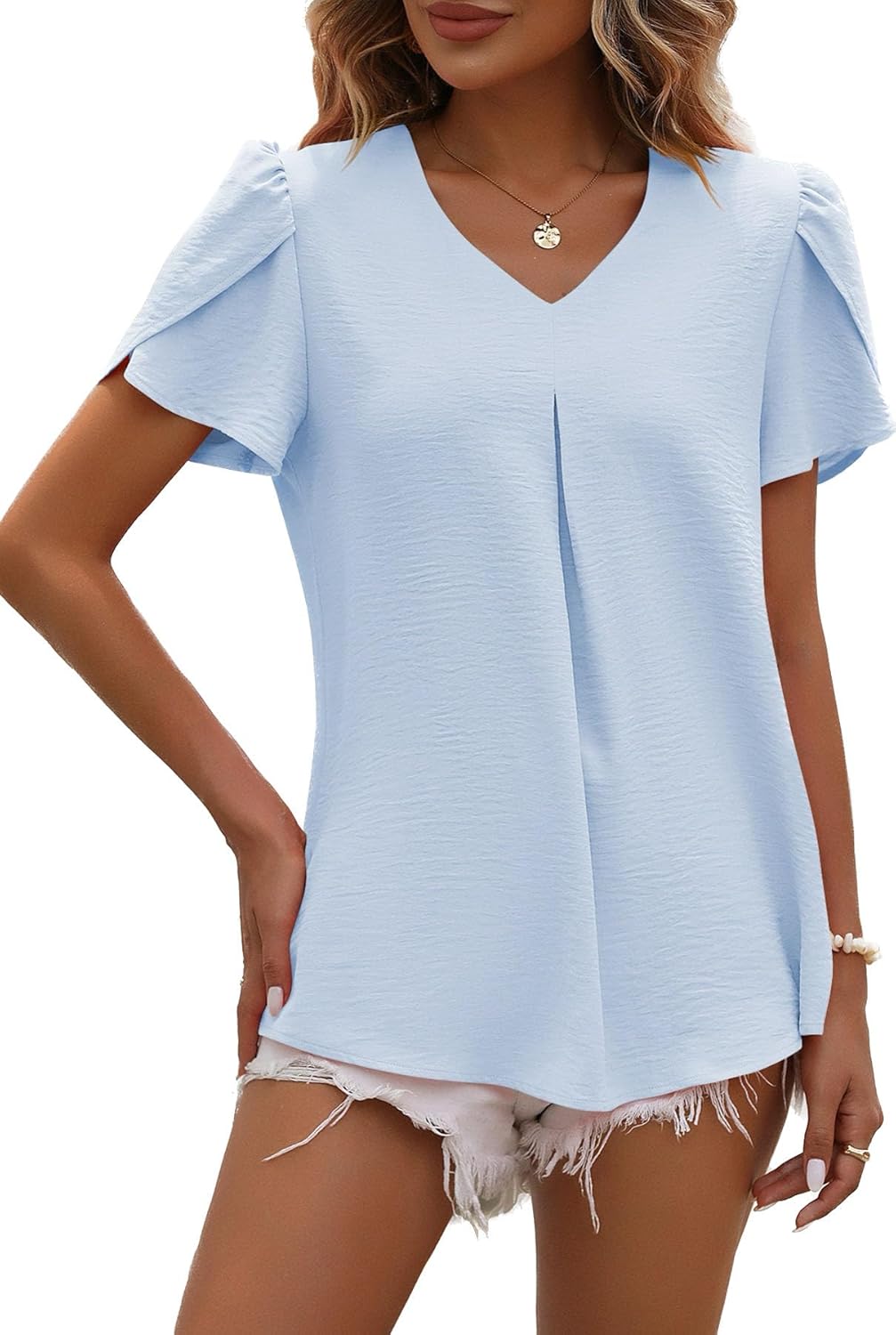 Princess Blouse Femme Chiffon – Top Fluide Col V Manches Courtes Élégant Été