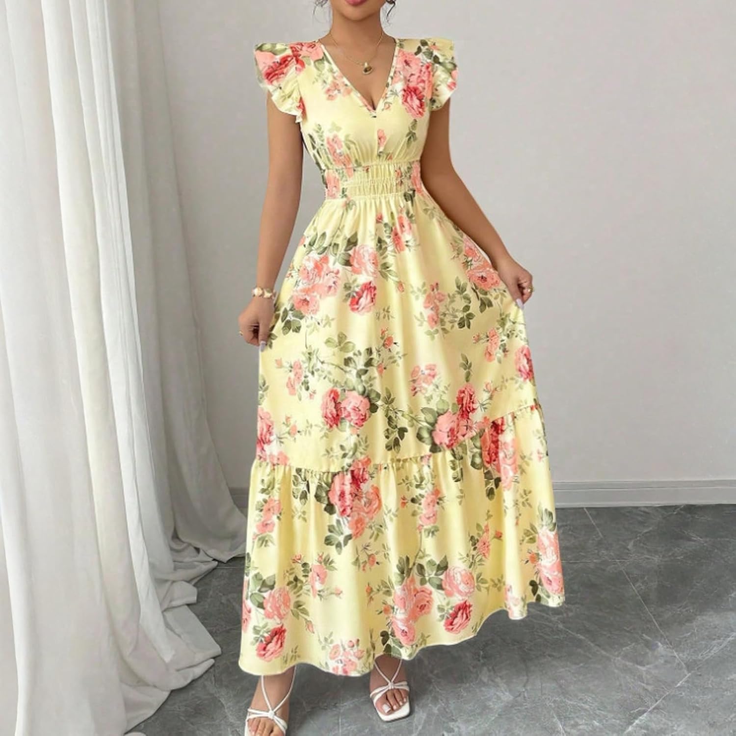 Sukienka Camille damska – sukienka maxi w kwiaty z dekoltem w serek, falbaniaste rękawy, taliowana gumką, letnia