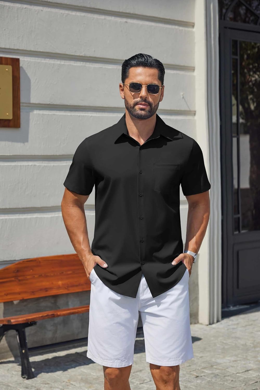 Hulyo Camisa Homem – Camisa Stretch de Manga Curta, Abotoada & Estilo Casual Chic