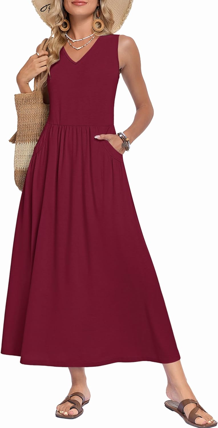 Faye Robe Maxi Femme Été – Robe Longue Col V Sans Manches, Coupe A-Line & Poches
