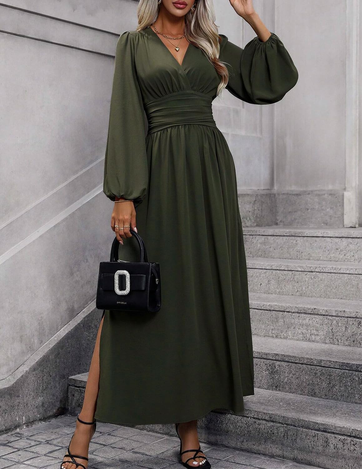 Éliana Robe Longue Femme – Robe Élégante à Col V, Taille Haute et Manches Lanterne