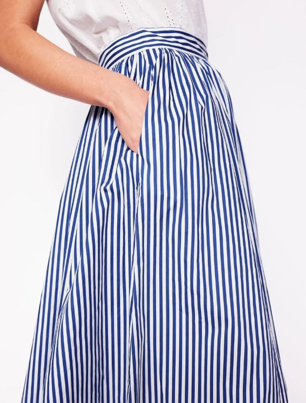 Falda Marina a Rayas para Mujer – Falda Midi con Cintura Elástica, Corte A y Bolsillos