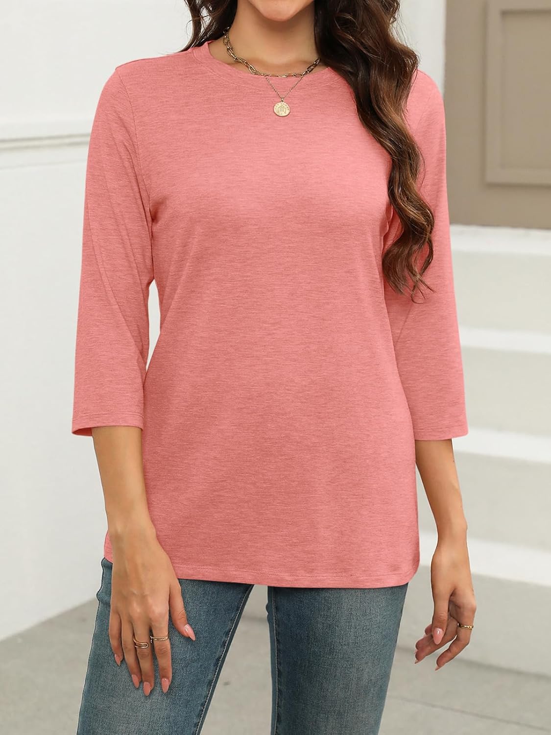 Julie T-Shirt Femme – Haut Basique Col Rond Manches 3/4 Léger Décontracté