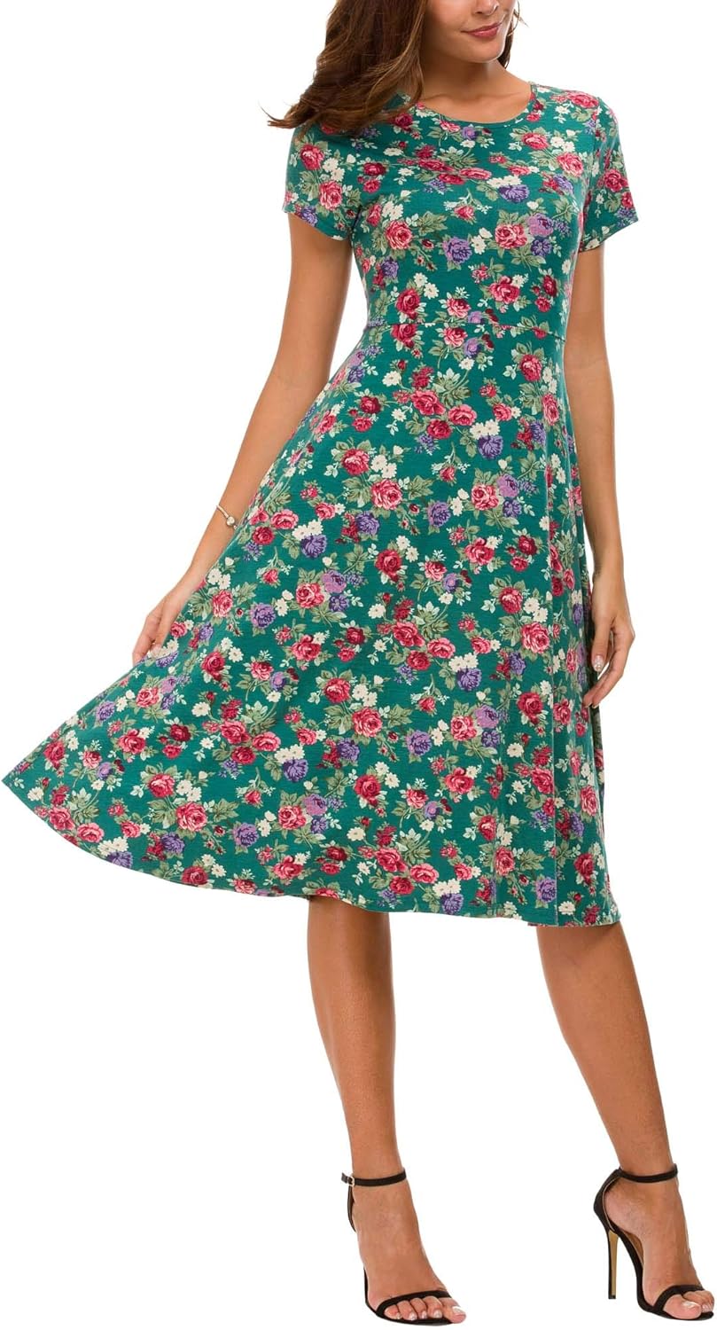 Léonie Midikleid mit Blumenmuster Damen – Ausgestelltes Kleid mit kurzen Ärmeln und Rundhalsausschnitt für den Sommer