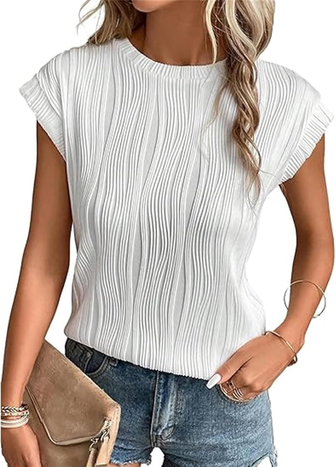 Chloé T-Shirt Femme – Haut Texturé à Col Rond et Manches Chauve-Souris