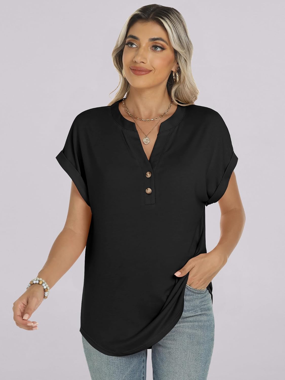 Manon top pre ženy – blúzka Henley s výstrihom do V a zapínaním na gombíky, voľný casual chic letný strih