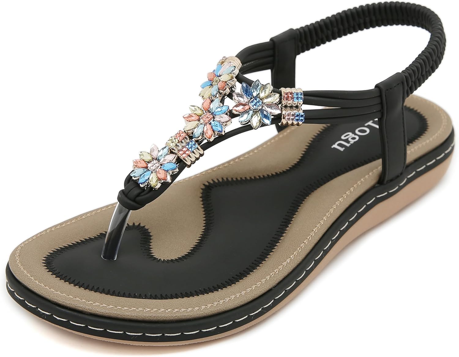 Valeria Tongs Bohèmes Femme – Sandales d’Été à Fleurs Strass & Semelle Confort