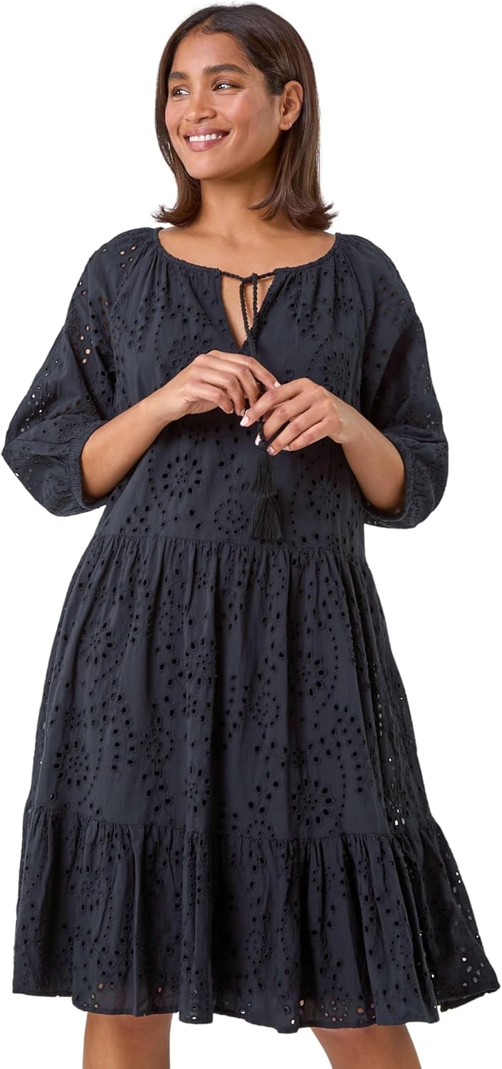 Lina Midi šaty pro ženy – šaty s výšivkou, volány, výstřih do V, bavlna, elegantní letní