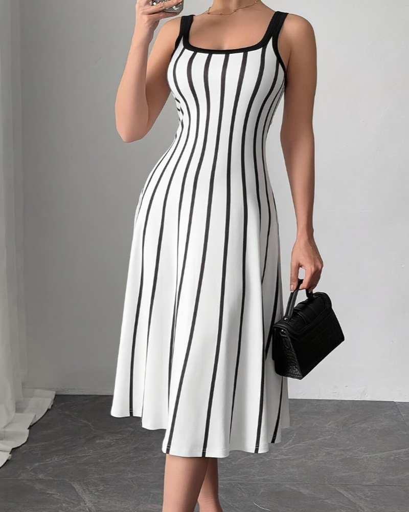 Torianna Robe Midi Femme – Rayures Verticales, Col Carré & Coupe Ajustée Élégante