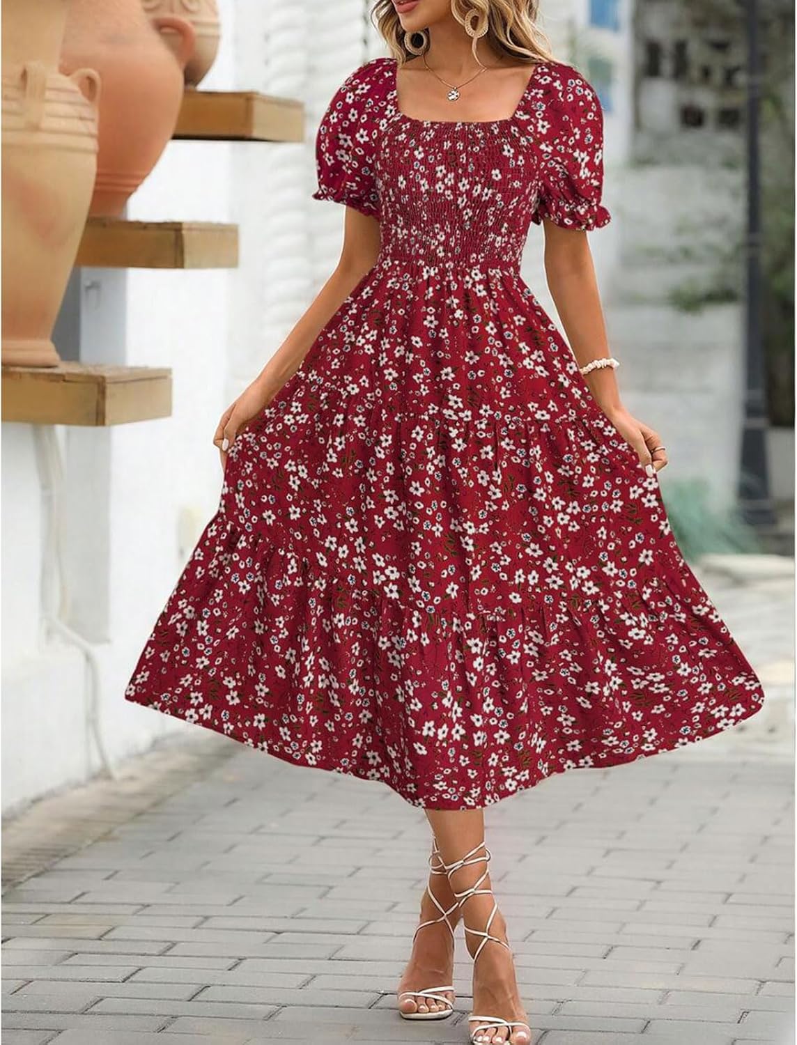 Angeli Robe Femme Fleurie – Manches Bouffantes, Taille Nouée, Coupe Mini Été Chic