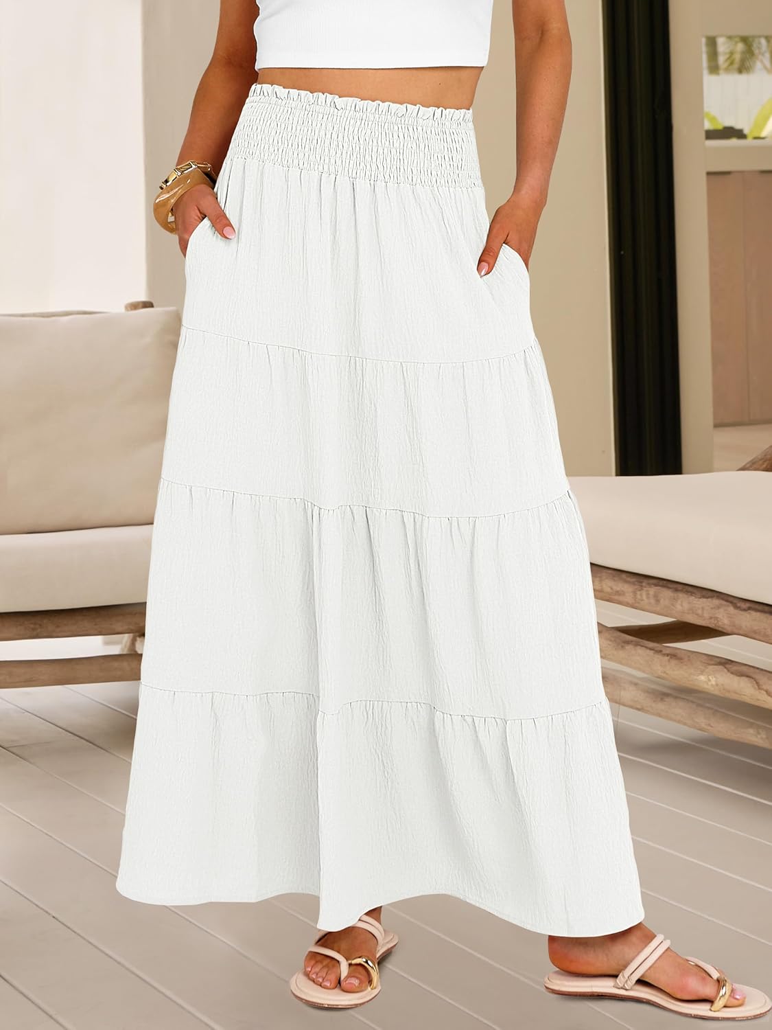 Juna Falda Maxi Mujer – Falda Bohemia Cintura Alta Fruncida y Volantes Verano