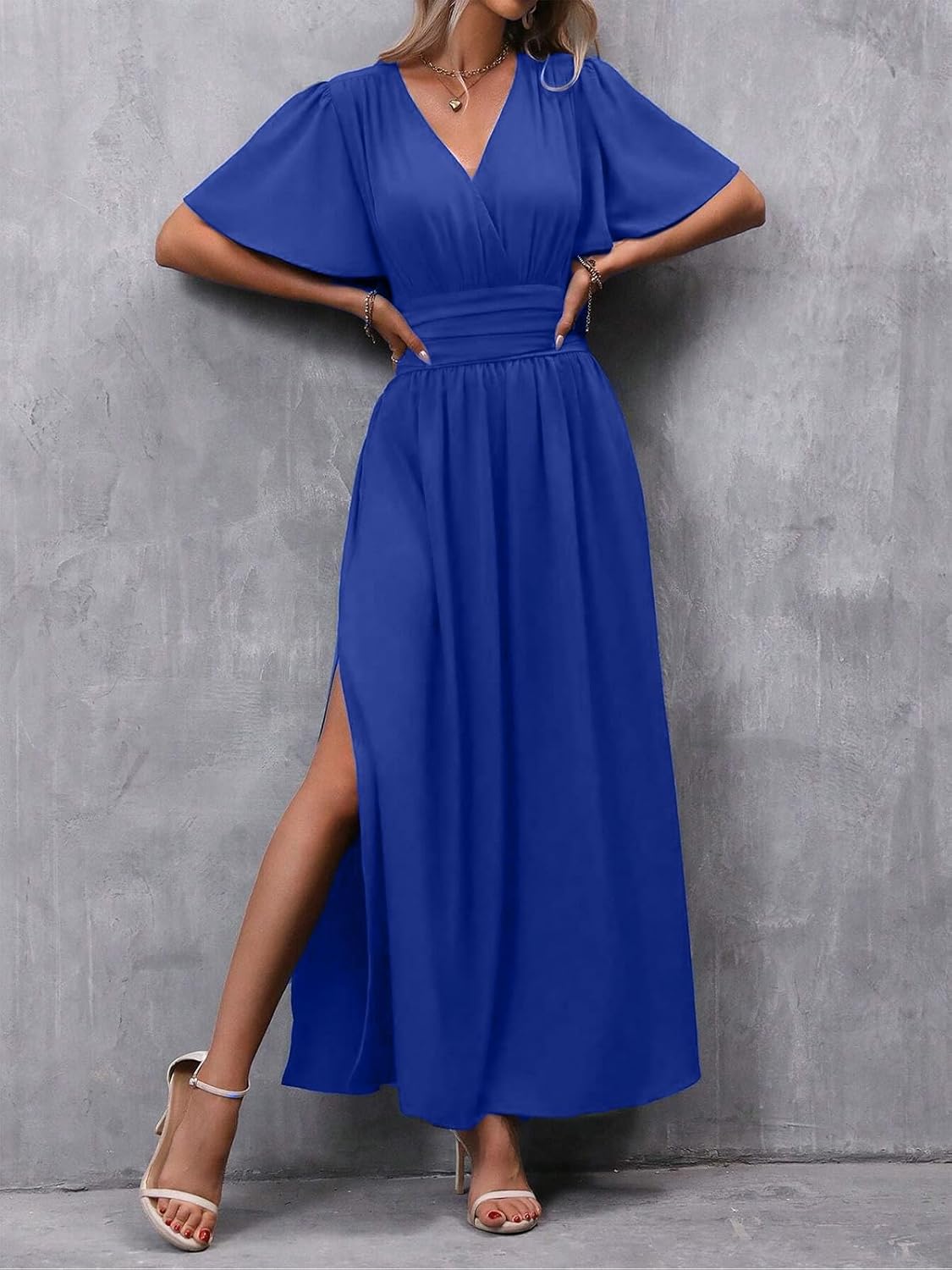 Vestido Elena para mujer – Vestido maxi plisado con escote en V, cintura alta, abertura elegante para verano