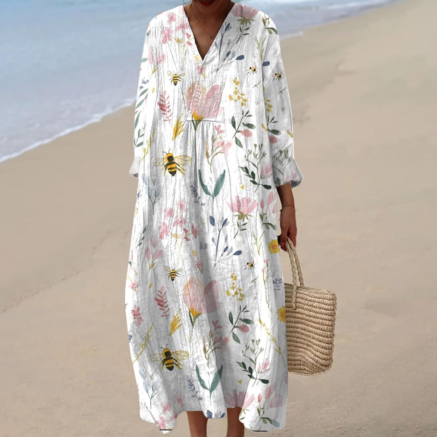 Emily Robe Femme – Robe Midi Col V Manches Longues Coupe A-Line Fluide Été