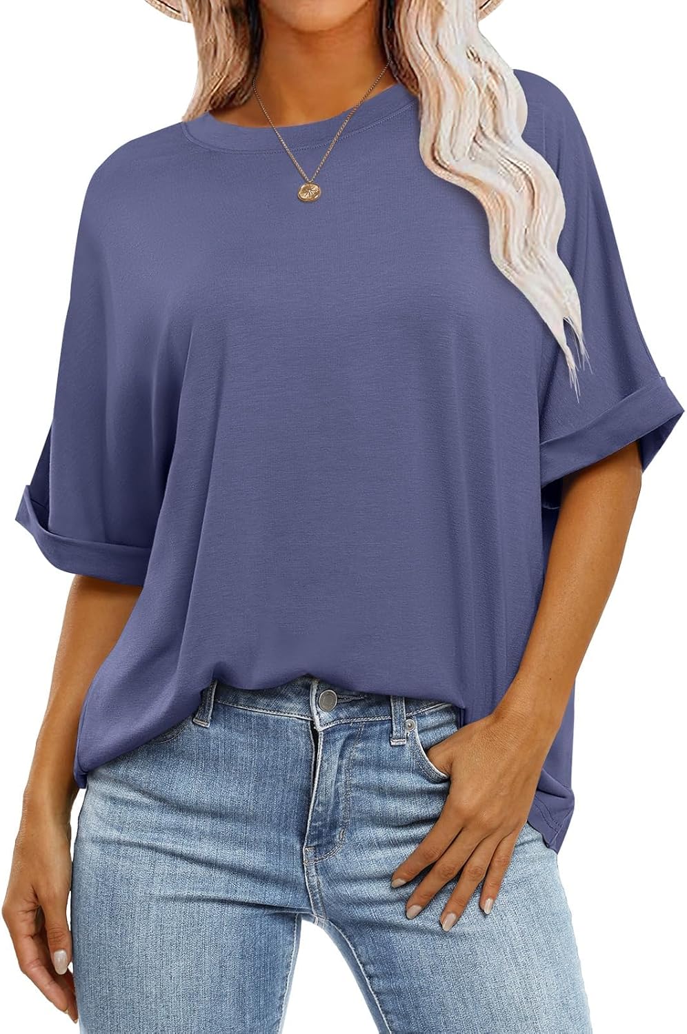 Laura T-Shirt Damen Oversize – Tunika Rundhalsausschnitt Kurzarm Top Sommer Schick