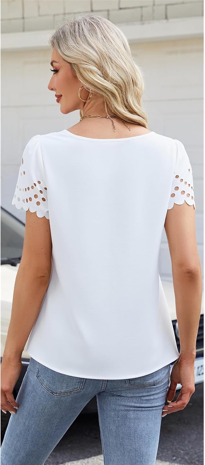 Amélie Blouse Femme Chic – Top Chiffon Col V Motif Ajouré Élégant Été