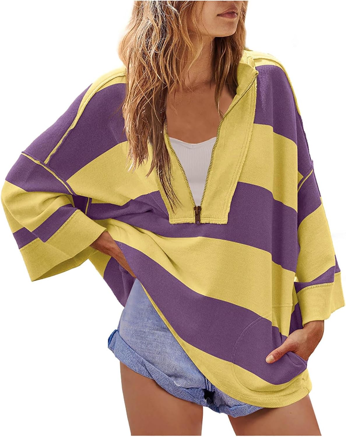 Milagros Sweat Oversize Dámský – Pruhovaný svetr s výstřihem do V a spadlými rameny