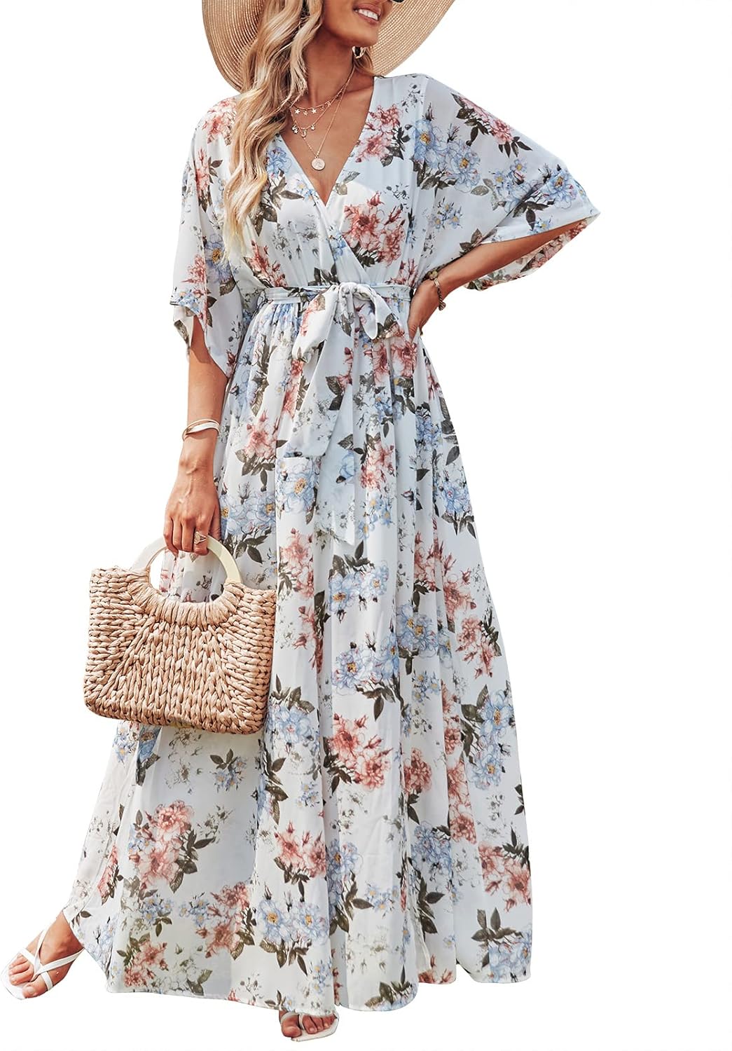 Rodelyn női maxi ruha – V-nyakú átkötős, 3/4-es kimono ujjú és elegáns slicc, bohém stílus