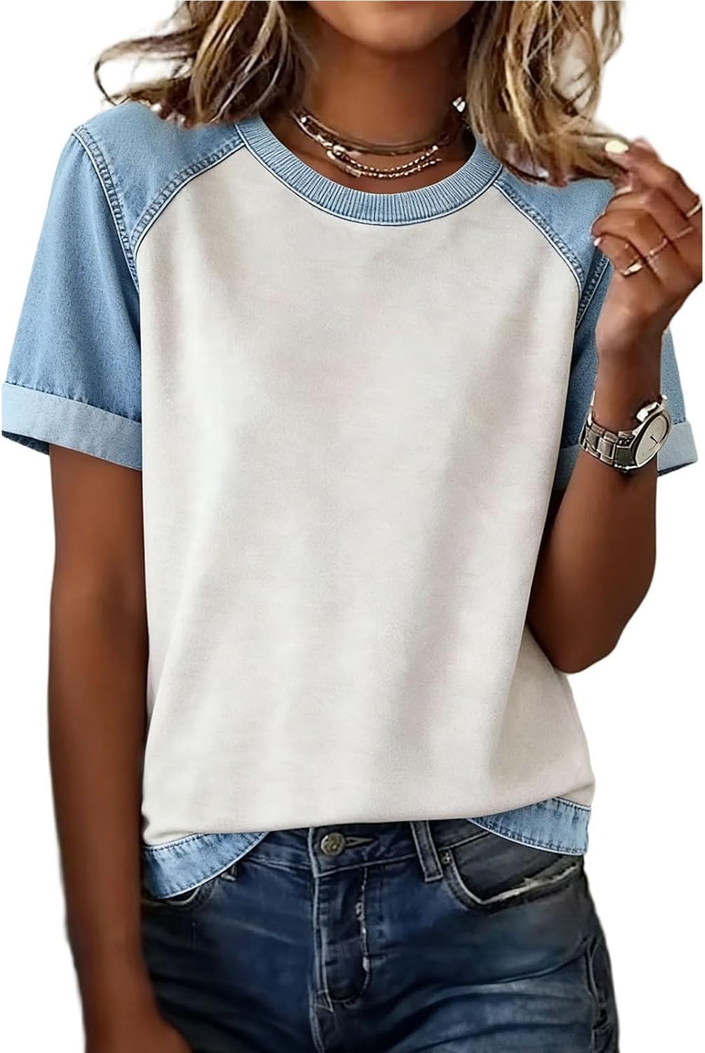 Glaidel Blouse Femme Col Rond – T-Shirt Denim Léger Coupe Fluide Casual Élégant Été