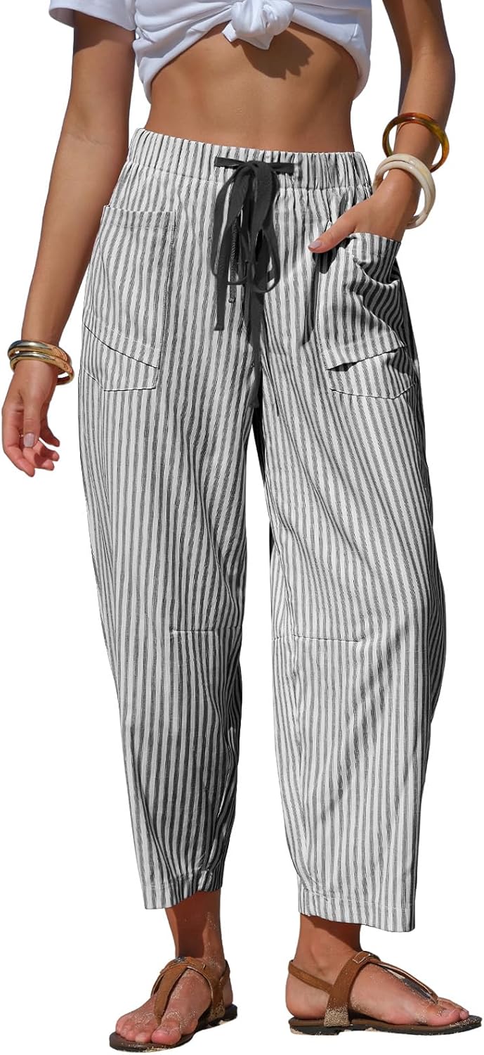 Laura Pantalon Femme Lin Rayé – Coupe Large Capri, Taille Élastique, Léger Été