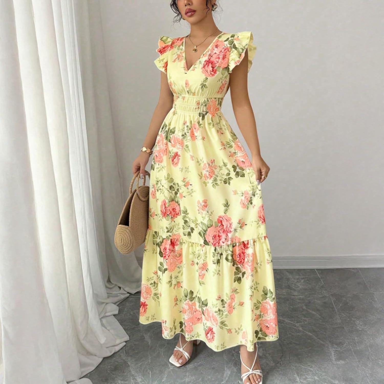 Sukienka Camille damska – sukienka maxi w kwiaty z dekoltem w serek, falbaniaste rękawy, taliowana gumką, letnia