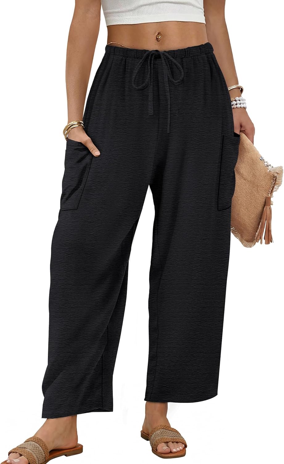 Maja Women's Pants – Large Flowing Palazzo with Elastic Waist & Pockets Summer