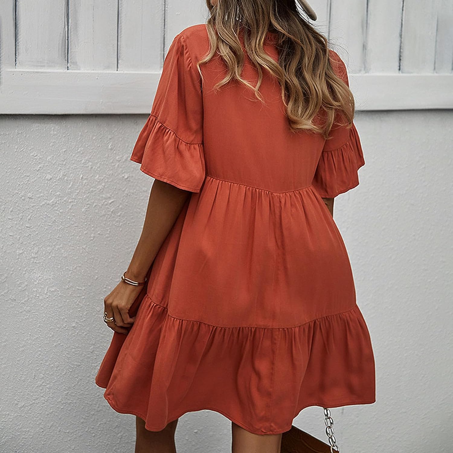 Emma Robe Femme – Robe A-Line Col V Volants Manches Courtes Élégante Été