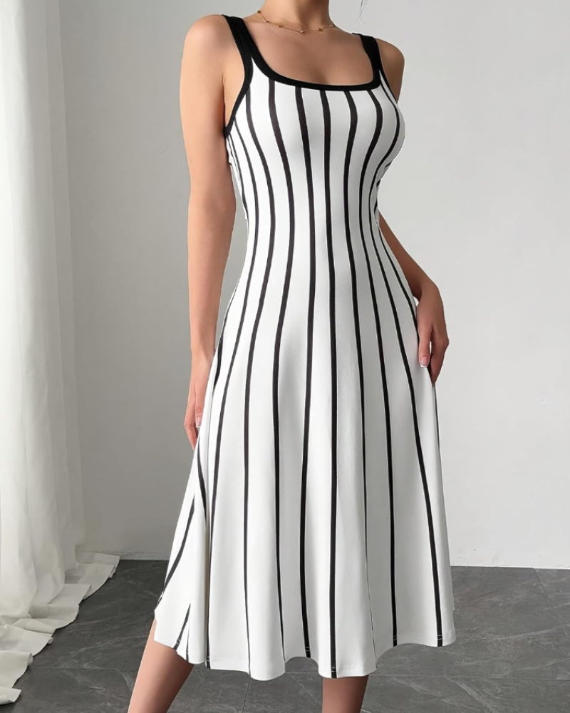 Torianna Robe Midi Femme – Rayures Verticales, Col Carré & Coupe Ajustée Élégante