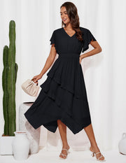 Clara Women's A-Line Dress – V-Neck, Ruffle Sleeves, Elastic Waist Summer