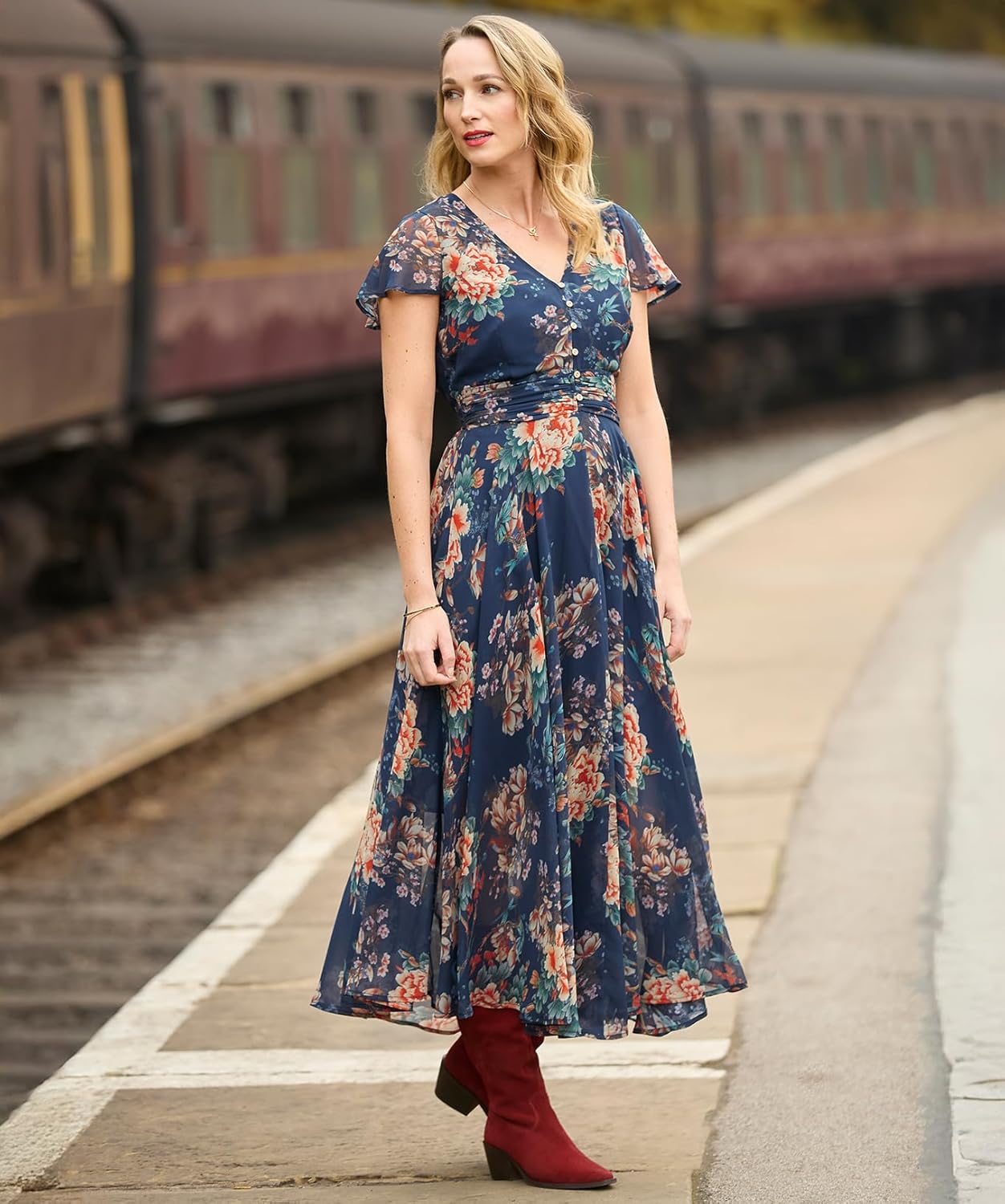 Sophie Robe Femme Fleurie – Robe Georgette Col V Manches Courtes Élégante Été