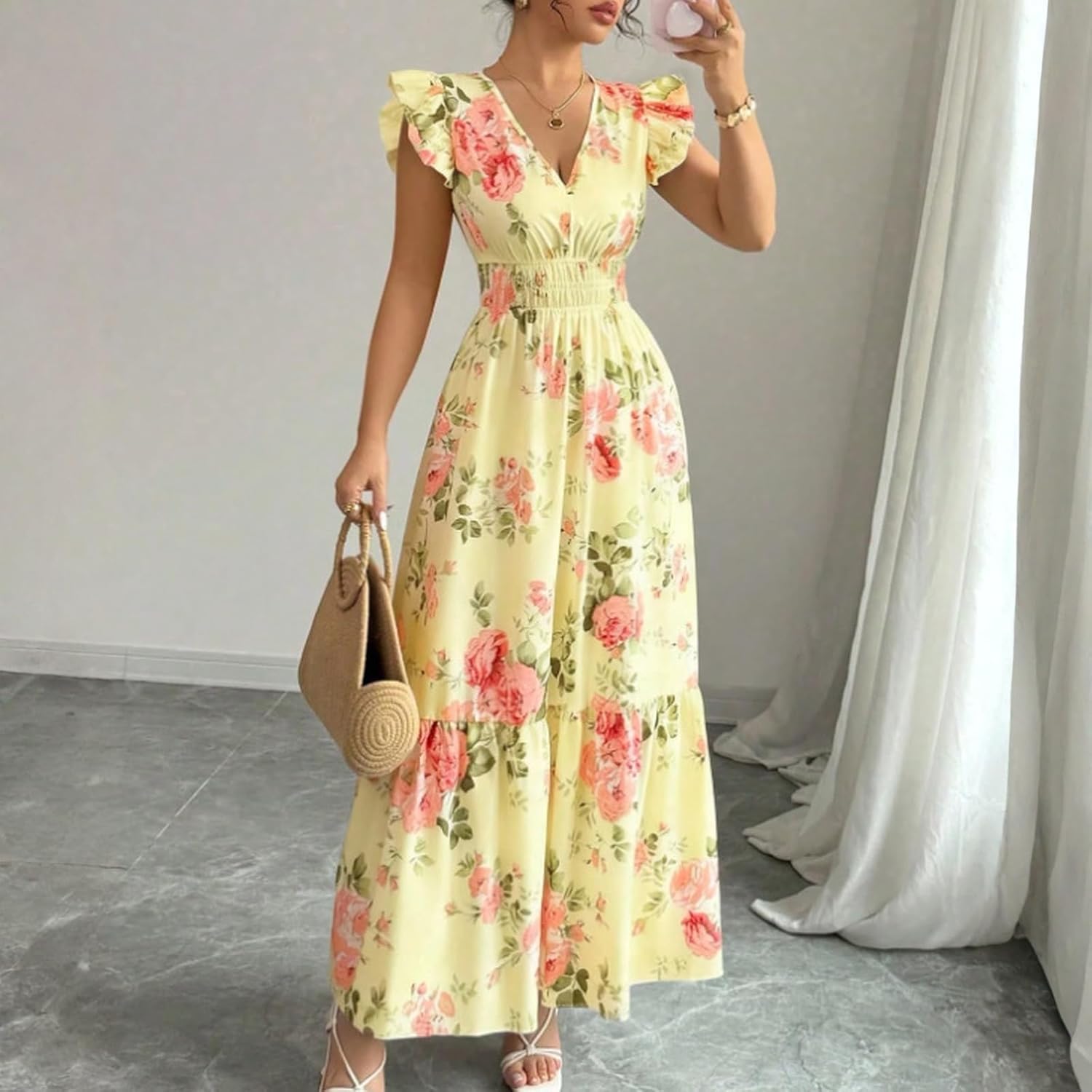 Camille Women's Dress – Floral Maxi Dress with V-Neck, Ruffled Sleeves, Smocked Waist, Summer