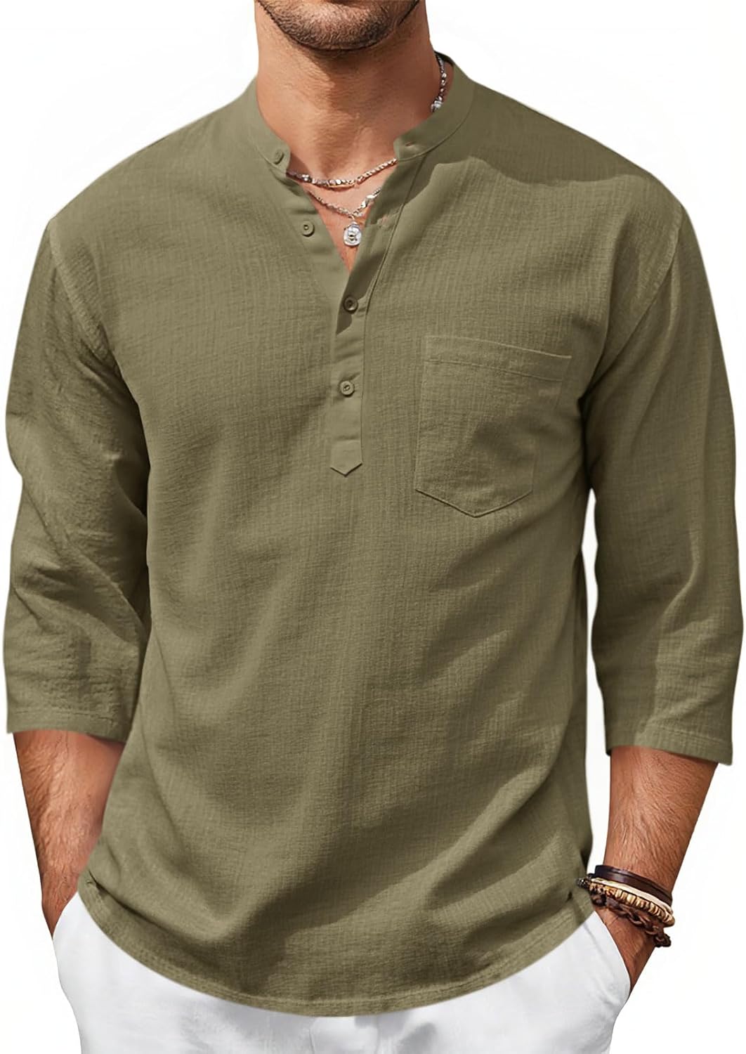 Byron Chemise Henley Muški – Lan i Pamuk, 3/4 Rukavi, Ljetni Boho Stil