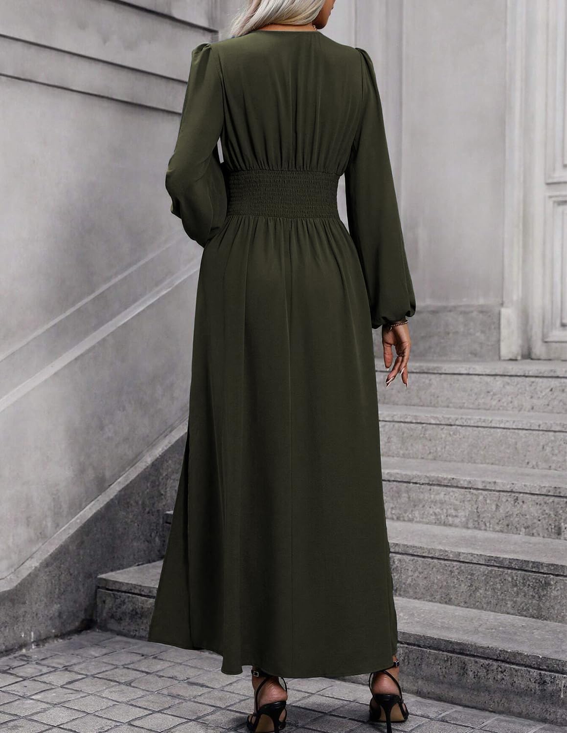 Éliana Robe Longue Femme – Robe Élégante à Col V, Taille Haute et Manches Lanterne