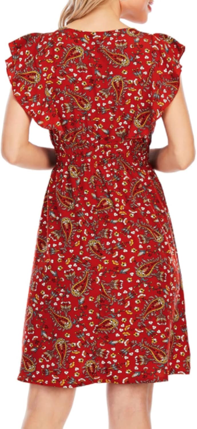 Vestido Mini Ada para Mulher – Musselina Floral com Decote em V e Folhos Vermelho