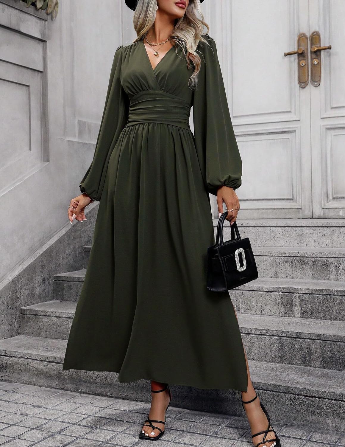 Éliana Robe Longue Femme – Robe Élégante à Col V, Taille Haute et Manches Lanterne