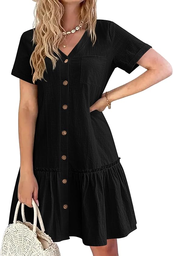 Robe Tianka Mulher – Algodão & Linho, Decote em V & Corte Largo com Botões Verão Elegante