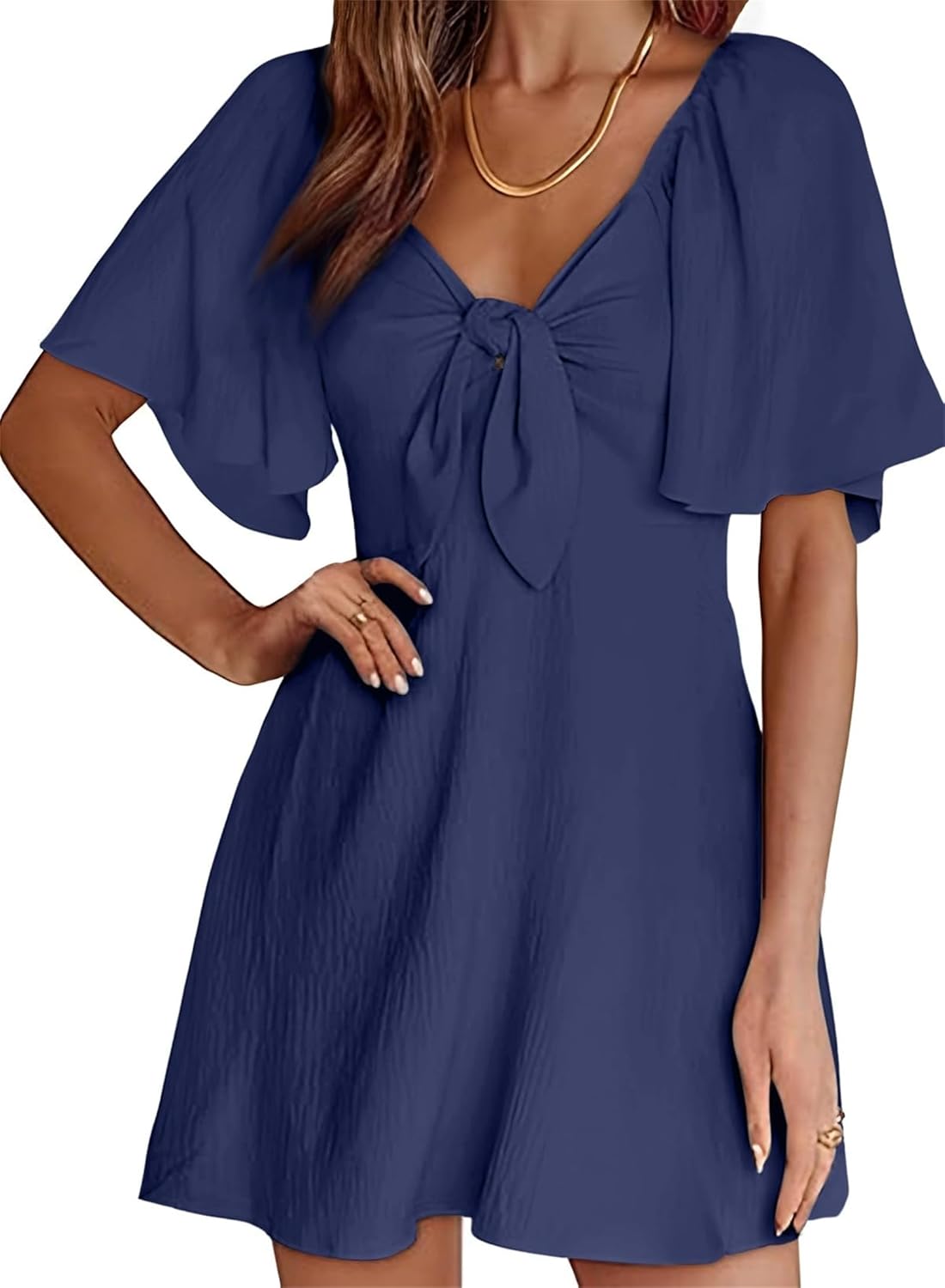 Chloé Women's Dress – Elegant Summer Mini Dress with V-Neck, Bow, High Waist, and Ruffles