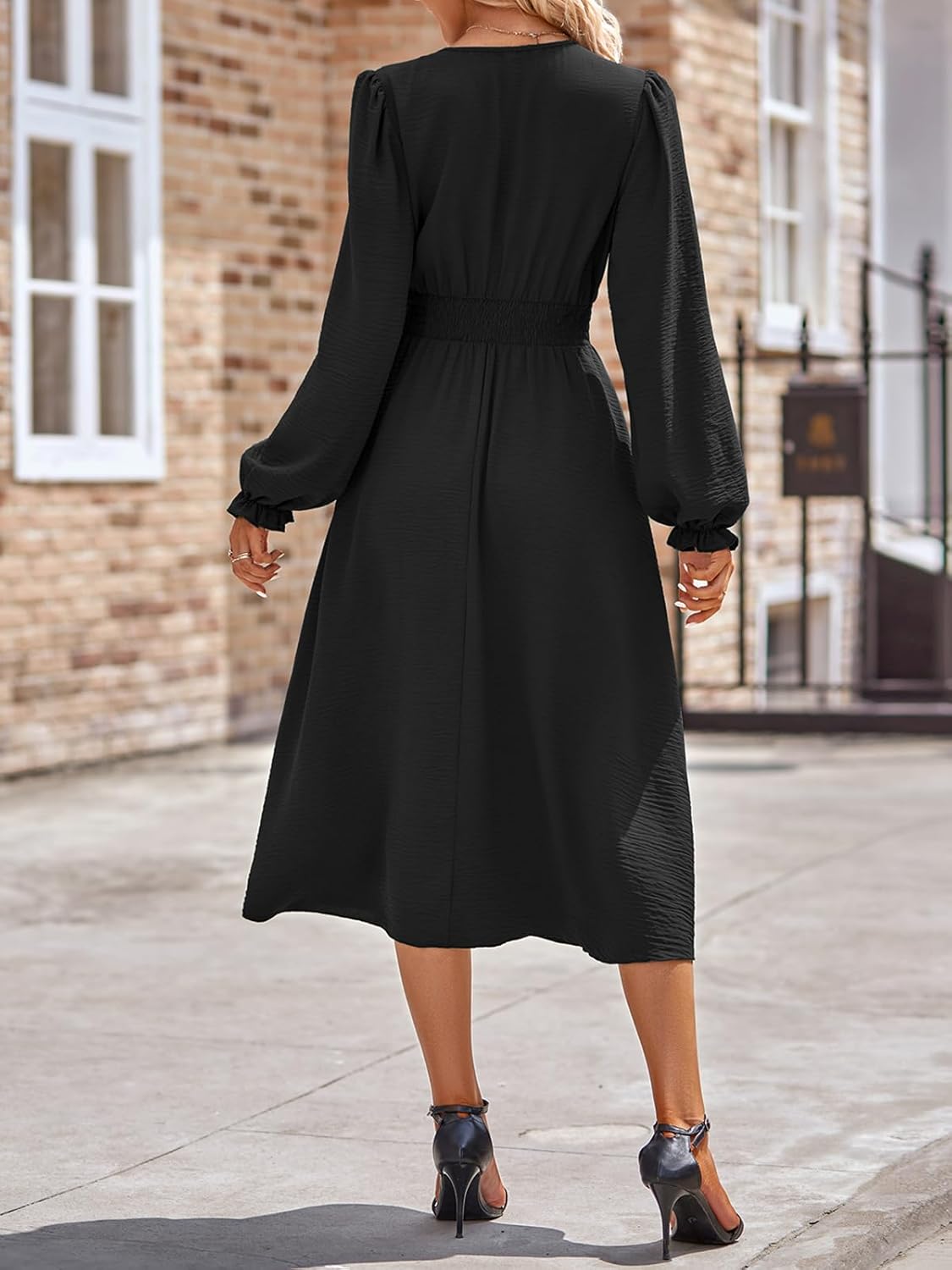 Emma Robe Femme Midi – Robe Col V Manches Longues Taille Haute A-Line Élégante