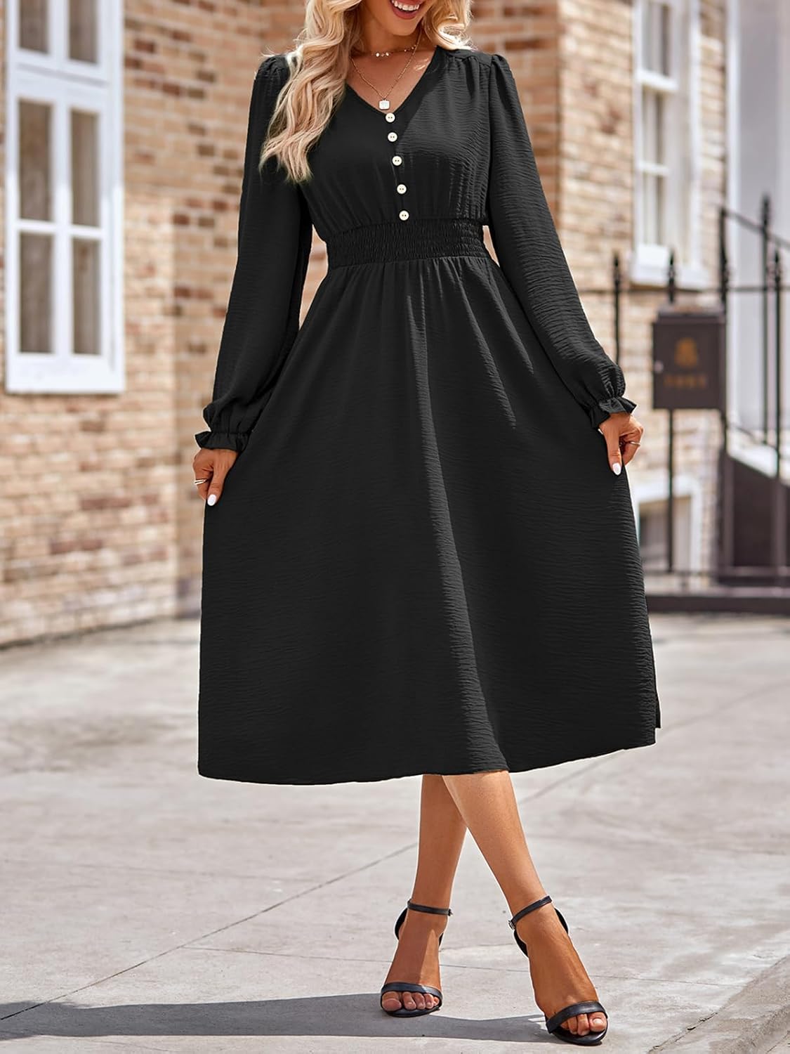 Emma Robe Femme Midi – Robe Col V Manches Longues Taille Haute A-Line Élégante