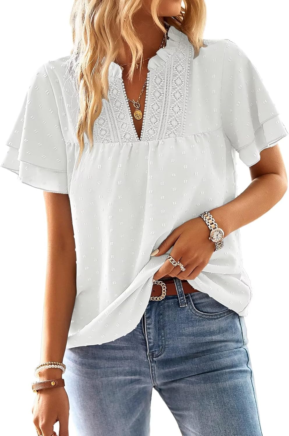 Sofia Haut Femme Été – Blouse Bohème Chic Col V en Dentelle Crochet avec Manches Courtes
