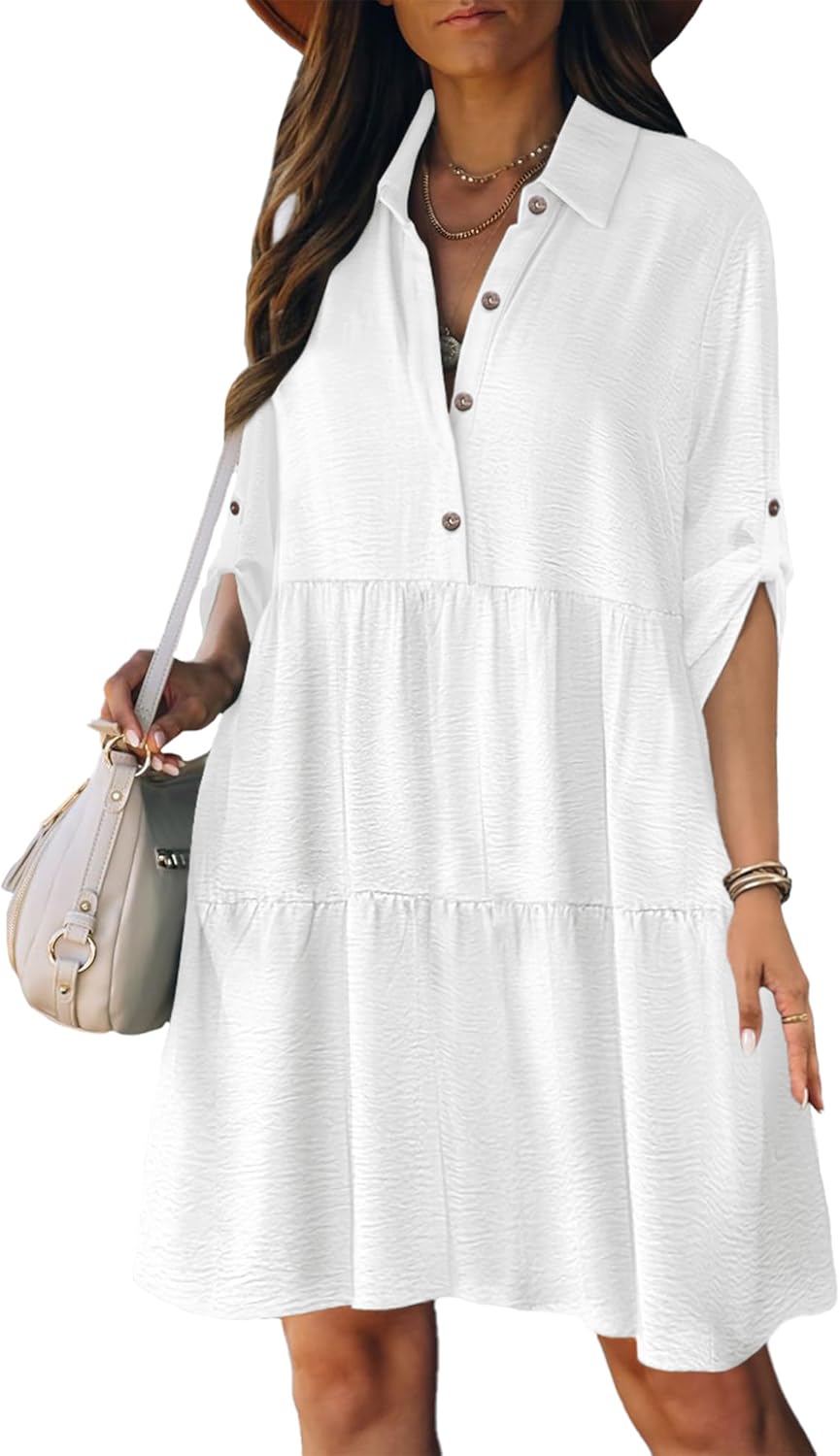 Léa Vestito Camicia Donna – Vestito A-Line con Volant, Bottoni, Maniche 3/4, Estate